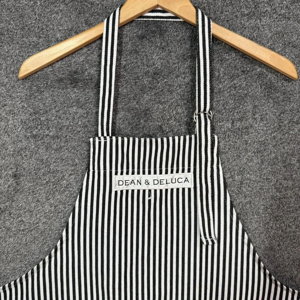 Dean & Deluca Apron Striped Bib Black White Adjustable Cotton Blend Pocket